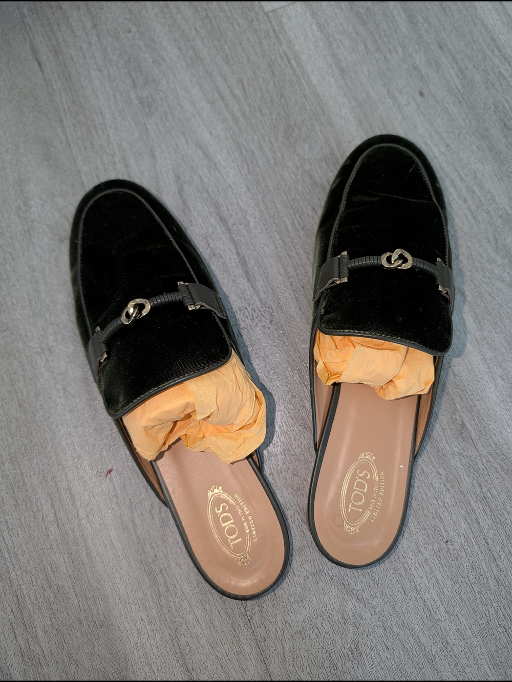 Tod's Black Velvet Horsebit Backless Loafers